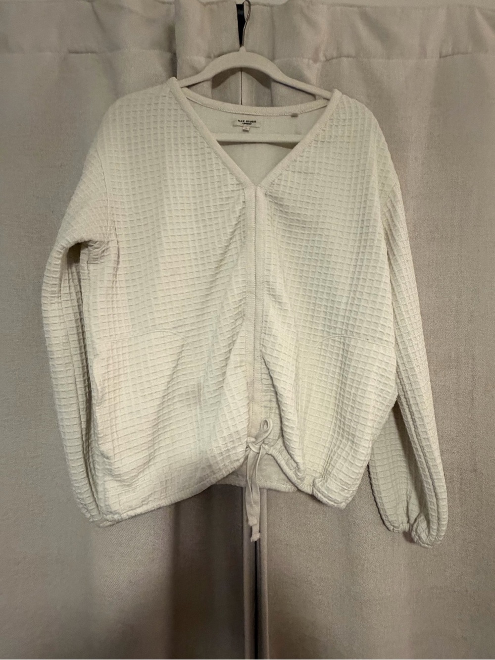 Max Studio Cream Waffle-Knit V-Neck Sweater with Drawstring